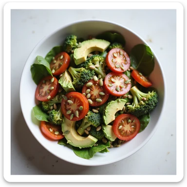 colorful salad with tomatoes, broccoli, spinach, avocado, pumpkin seeds, and olive oil, served in a modern bowl, fresh atmosphere, realistic details, light background sticker