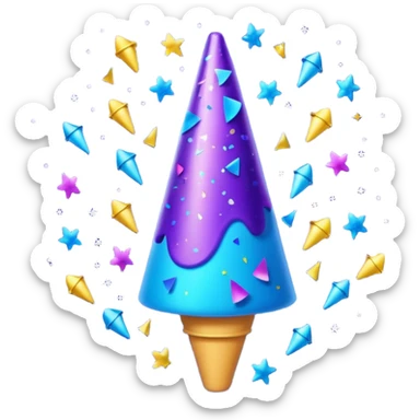 Emoji with glowing cone-shaped confetti popper, purple and blue colors emitting confetti and glitter, creating a bright festive atmosphere sticker