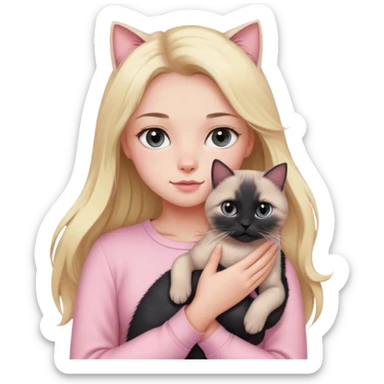 girl with blond long hair, grey eyes and fair skin in pink pastel clothes holds a black British cat in her arms sticker