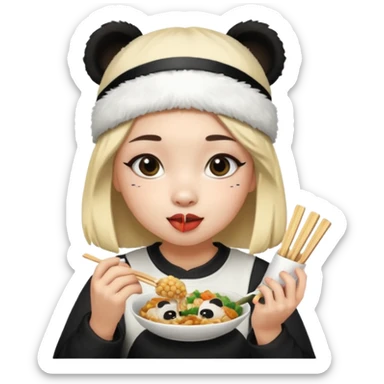 girl wearing panda headband eating asian food sticker