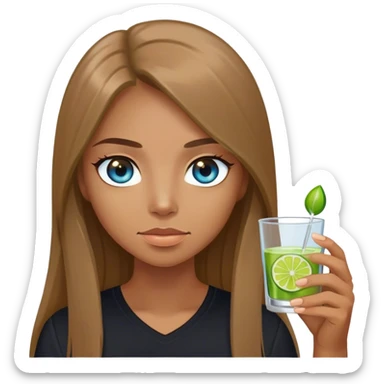 tan woman, black shirt, long light brown straight hair, grey blue eyes, holding a shot with lime sticker