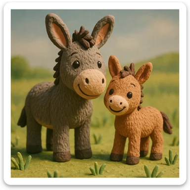 donkey and foal together, cute and cheerful, detailed fur, in a grassy meadow, claymation style sticker