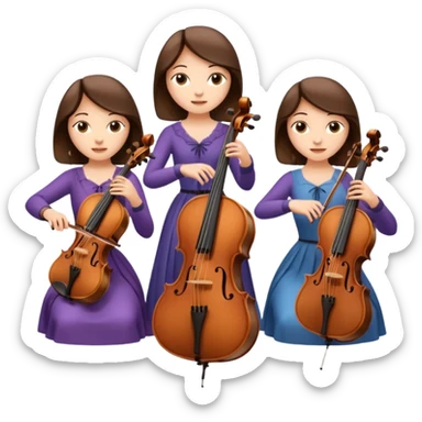Create an imagine of three brunette women playing string instruments, the first is playing a cello, the second is playing a viola and the third is playing the violin sticker