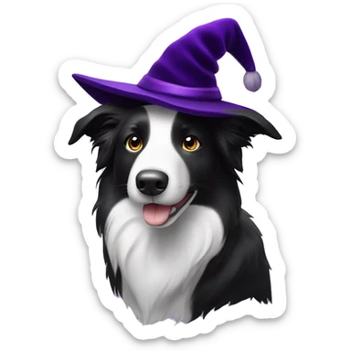 Black and white Border Collie wearing a dark purple velvet wizard hat.   sticker