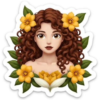 portrait woman long curly brown hair brown eyes white skin tattoos muscular build inside flower petals frame sticker