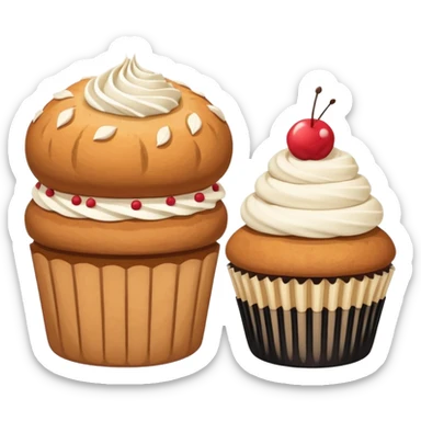 Minimalistic flat vector icon, iOS style, thin black contour on white background. Bread loaf and cupcake side by side. Clean, no text, no shadows
 sticker
