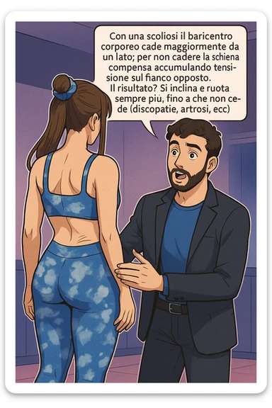 fai questa immagine in versione manga/webtoon a colori, il manga mostra la donna di spalle, mentre l'uomo le tocca la spina dorsale per spiegarle come funziona la scoliosi:
Con una scoliosi il baricentro corporeo cade maggiormente da un lato; per non cadere la schiena compensa accumulando tensione sul fianco opposto.
Il risultato? Si inclina e ruota sempre più, fino a che non cede (discopatie, artrosi, ecc) sticker