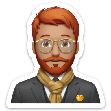 gray scarf, male,  beard, red hair, with suit, gold glasses sticker