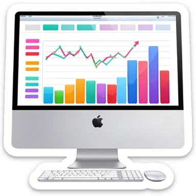 iMac computer with bar charts and beauty products inside the screen sticker