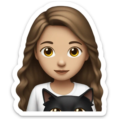 Girl with long brown hair holding a black and white cat sticker