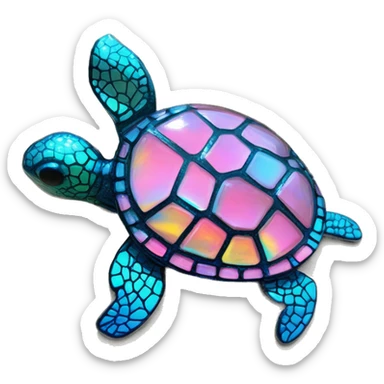 Sparkling cyan pink Turtle made from kaleidoscopic rainbow oilslick cyan glass, stained glass art sticker