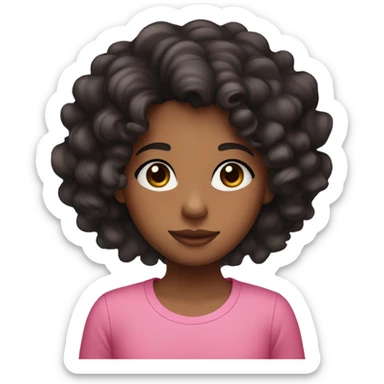 medium brown girl with black curly hair with pink shirt and pink heart eyes sticker