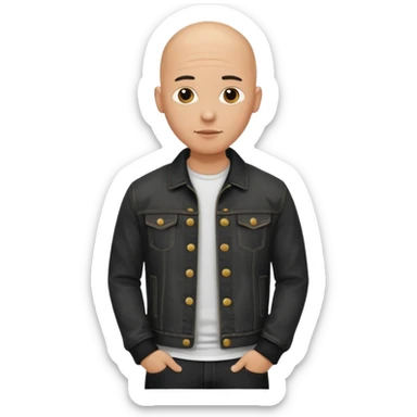  a man with bald head, black jeans jacket sticker