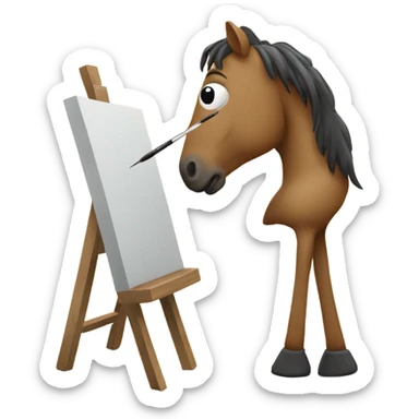 horse standing in front of an easel with a paintbrush sticker