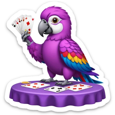 purple parrot sitting at a table with playing cards sticker
