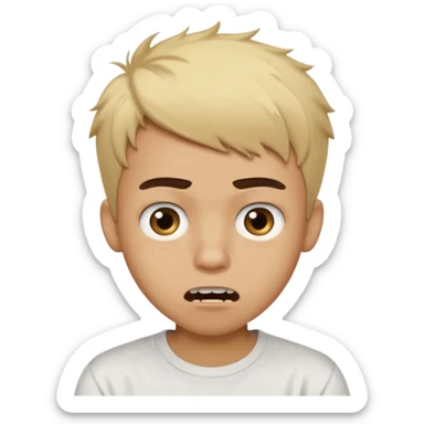 Short buzz, messy blonde hair. Dark brown bushy eyebrows large expressive golden-brown eyes, wearing a plain white t-shirt. Male Teenager. light Dark Brown skin color. Confused mouth gape showing teeth sticker