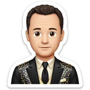 Tom Hanks with dark brown hair, ivory sequin outfit sticker