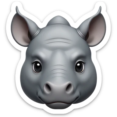 cinematic-noble-cute-rhino-portrait-emoji,slate-grey-hide-poised-and-regal,-with-a-massive,-powerful-build-and-a-thick,--deep-set-soulful-piercing-eyes,-simplified-yet-sharp-and-sophisticated-features,-highly-detailed,-large-black-eyes, white horn, front facing, zoomed out showing shoulders sticker