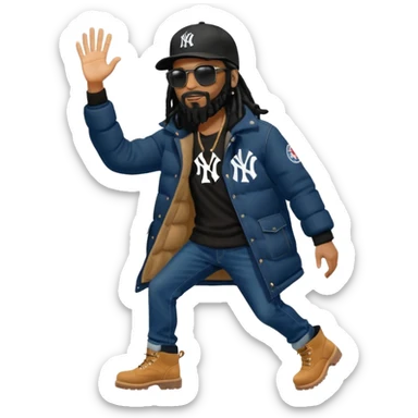 African American man with shoulder length black dreadlocks with black beard wearing black sunglasses wearing a New York Yankees logo baseball cap wearing a dark black bubble winter coat wearing denim skinny jeans and Timberland boots hand giving a high five sticker