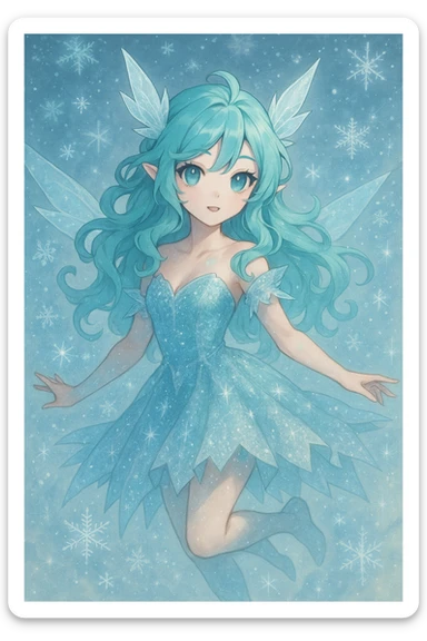 ice fairy with aqua-colored eyes and hair, sparkling icy dress, floating, whimsical, fantasy style sticker