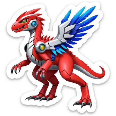 Furry feather-mane Cool Edgy Futuristic shiny colorful Digimon-Fakemon-Guilmon-Velociraptor-Mecha full body   sticker