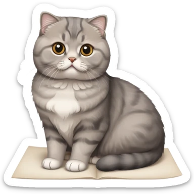 a gray Scottish fold cat sitting on a piece of paper sticker
