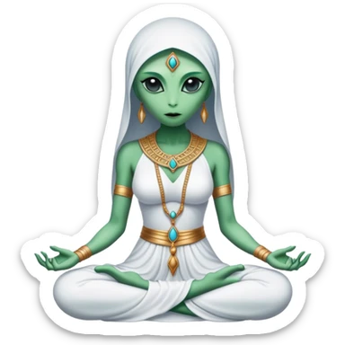 a Reptilian alien woman,in meditation, white dress like a priestess sticker