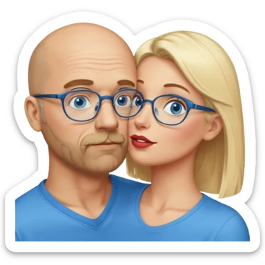 middle age bald man with heavy scruff, blue eyes and glasses.  Kissing blonde woman with blue eyes sticker