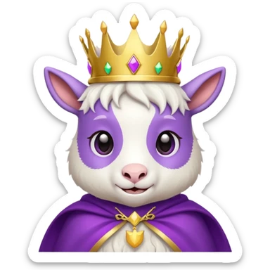 cute goat with small gold crown and purple cape, simple friendly emoji style sticker