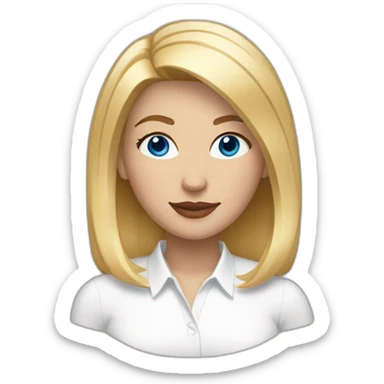 woman with blue eyes and straight bob blonde hair wearing a white button up and golden hoop earrings sticker
