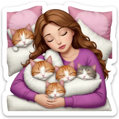 girl with long wavy brown hair, brown eyes, long lashes makeup, sexy pink lips, light to medium complexion,  sleeping on a cozy pillow, with 6 cats: 1 brown and white tabby cat, 1 ginger and white, 2 grey and white, 1 grey with white mittens and small white patch on chest and 1 calico, sleeping sticker