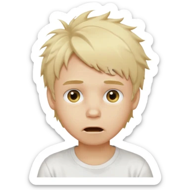 create boy blonde hair messy, light eyes, white t shirt, mouth slightly open to the left sticker