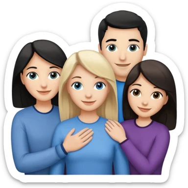 3 people. Throuple. Blank woman with blond hair and blue eye color on left. And also a blank man with black hair and grey eye color in the middle. And a blank woman with brown hair and grey eye color on the right. Holding each other sticker