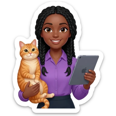 Émoji représentant une femme peau marron avec des longues nattes noires, une belle chemise violette, tenant un chat orange dans une main et une tablette dans l'autre sticker