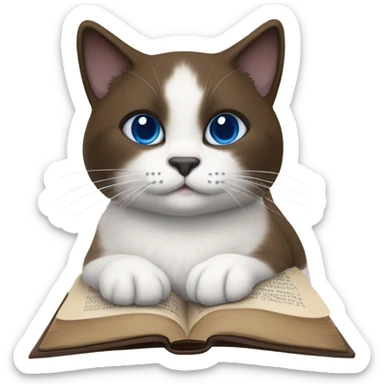 Snowshoe cat with small white patch by nose, dark face and blue eyes and darker body laying on open Bible sticker