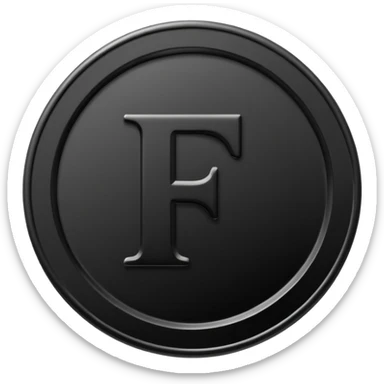 Emoji icon of a black coin with engraved letter F, minimalist style, isolated, no color sticker