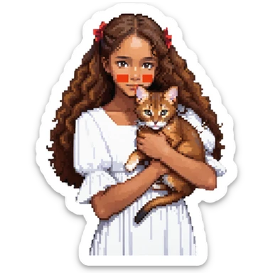 beautiful girl with curly long brown hair wearing a white dress holding an Abyssinian cat with reddish-brown fur in her arms sticker