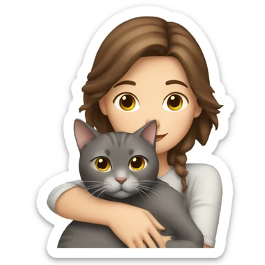 Brown hair Girl hugging grey cat sticker