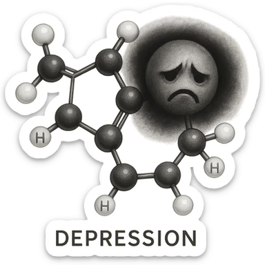 hyperrealistic illustration of a hormone activating depression, symbolically represented as a molecule with dark areas or shadows, medical and clean style, white background sticker