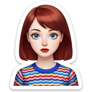 Artistic young woman with pale skin, oval face, large expressive blue eyes with eyeliner, thin arched eyebrows, small nose, full lips with red lipstick, dark auburn hair that's straight with slight waves at ends, straight bangs, wearing a bright colorful patterned top, warm creative expression sticker