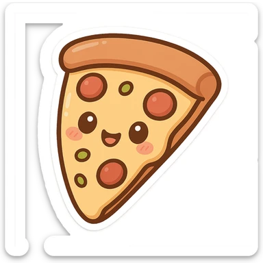 chibi sticker-style slice of pizza with a smiling face, cute and exaggerated sticker