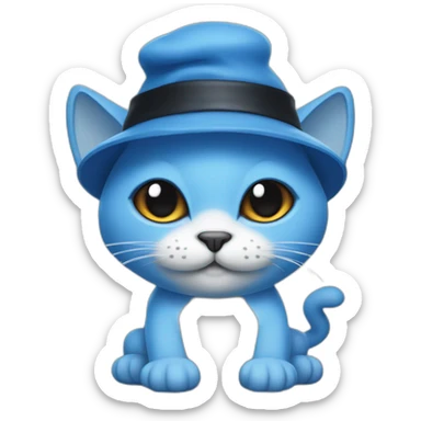 Realistic Blue cat Smurf with black eyes wearing white mushroom as hat sticker