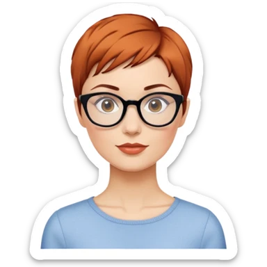 woman in her 30s with auburn pixie cut (side part) and glasses sticker