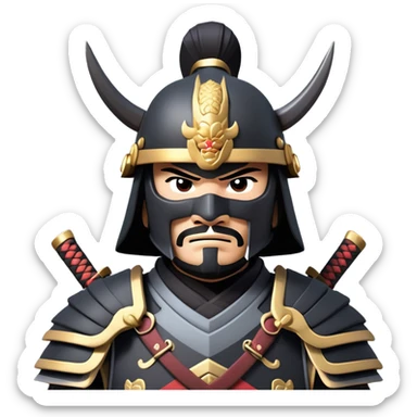 clash-of-clans-aesthetic_-cinematic-fearsome-and-majestic-samurai-bust-portrait-emoji, rendered in a flat, vector-style with minimal shading and bold, simplified shapes typical of emoji art, depicting a battle-hardened samurai with black mask and traditional black Japanese armor. The samurai is riding a noble grey warhorse adorned with an intricately designed saddle and fluttering banners and a rising sun. a samurai riding on a  horse zoomed in sticker