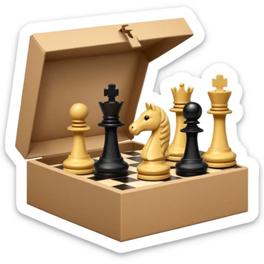 chessboard peeking out from elegant open cardboard box, chess pieces flying around, emoji style sticker