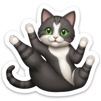 beautiful female solid dark grey cat with green eyes, white toes/paws and white patch on her chest playfully rolling upside down sticker