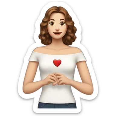 white woman with shoulder-length wavy brown hair, wearing an off-shoulder top, and making heart with her hands sticker