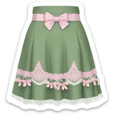 Sage green a-line mini skirt with pink lace and bows and embroidery, isolated sticker