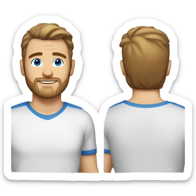 A head and shoulders shot of a 33 year old white man, with short brown hair, with stubble facial hair,   with blue eyes wearing a t-shirt. sticker