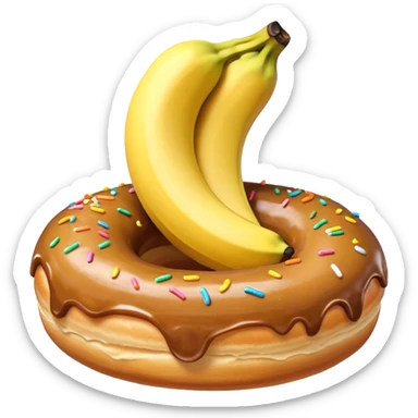 A banana in a donut banana standing in a donut's circle sticker